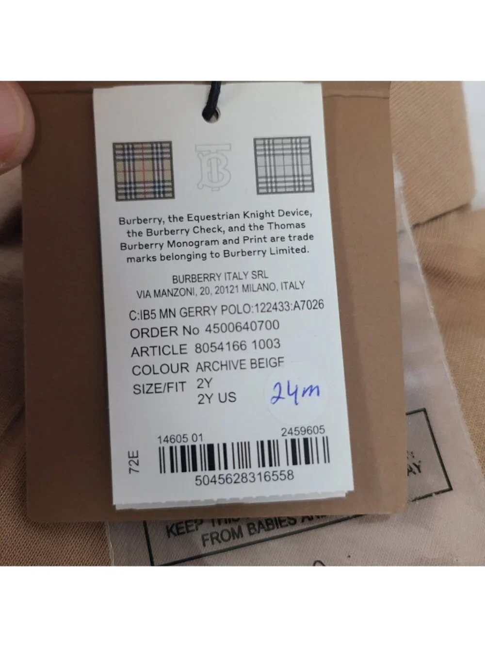 NEW Burberry Toddler Polo Shirt Beige & Black Panel Design Long Sleeves Size 2Y